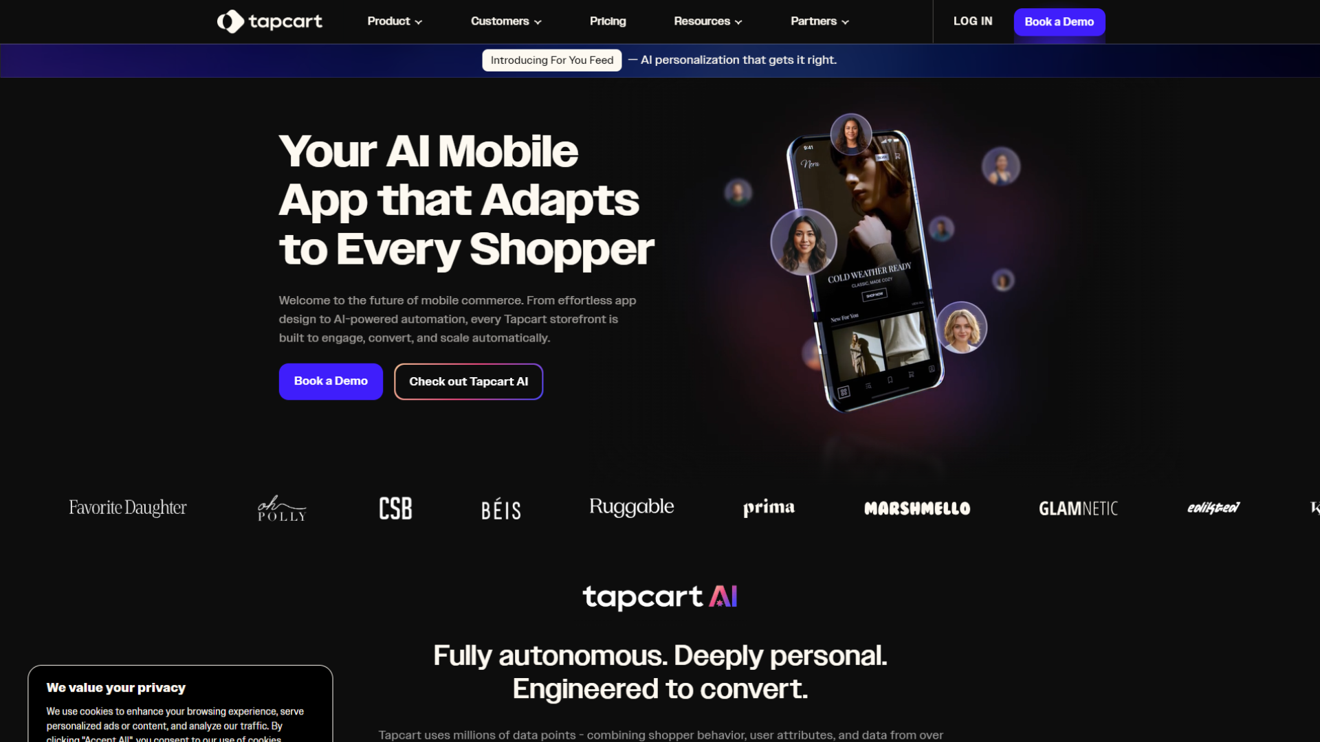 A screen capture of the Tapcart website homepage